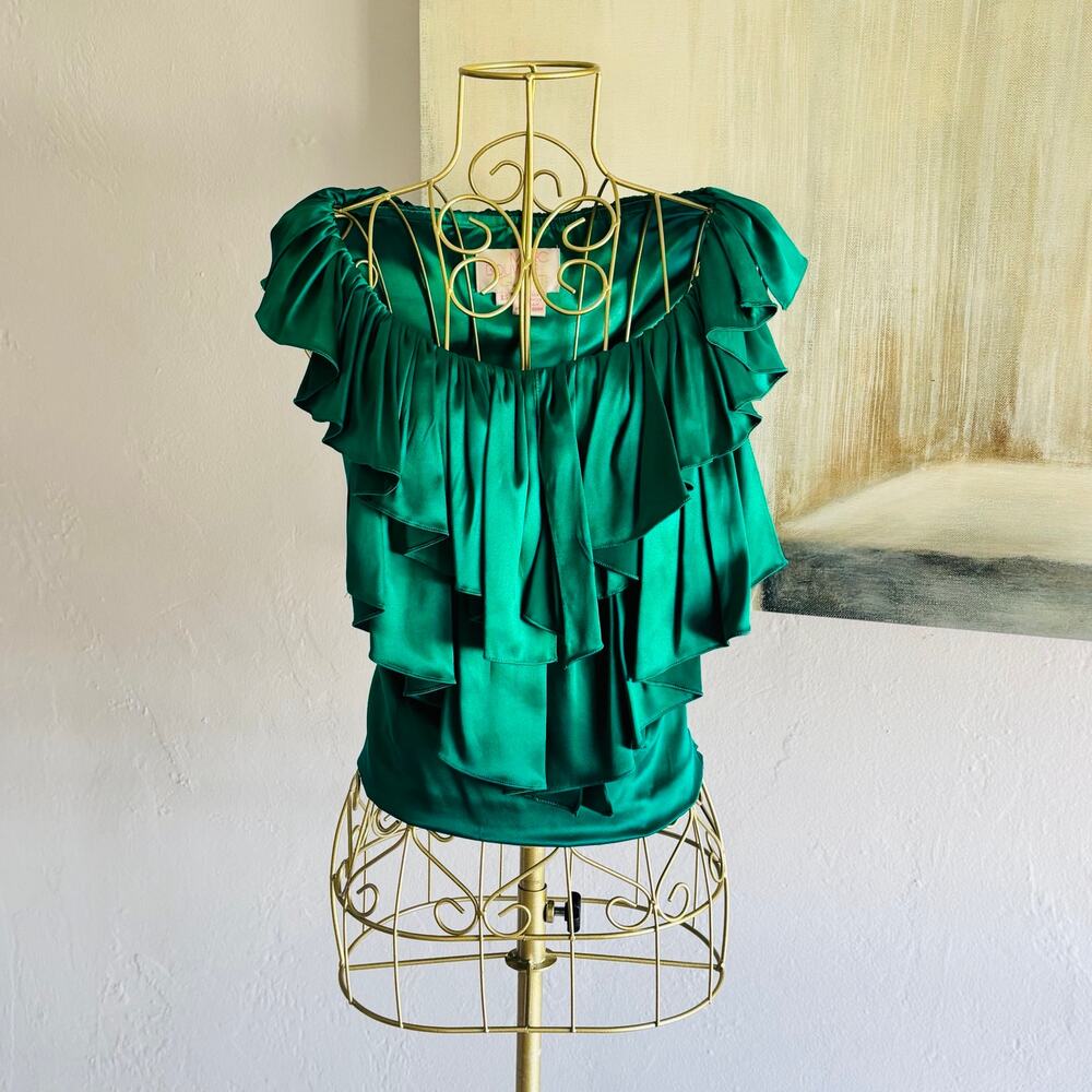 Marc Bouwer GlamIt Emerald Green Silk Ruffle Blouse Top XS 92% Silk
